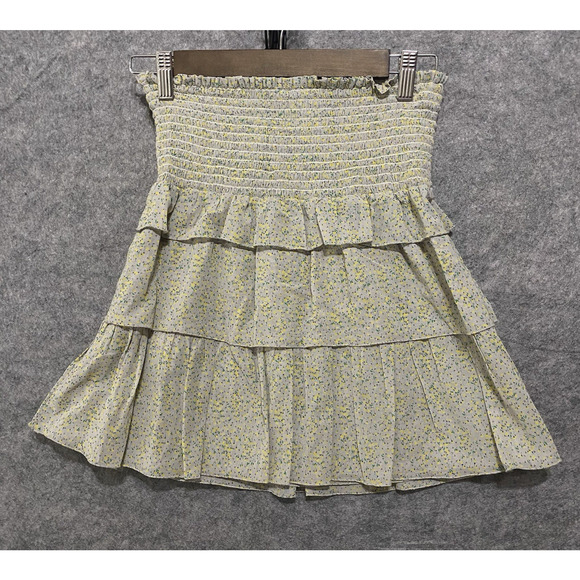 Koch‎ Tiered Ruffle Mini Skirt Sz XS Yellow Ditsy Floral Layered Smocked Y2K - Picture 1 of 7